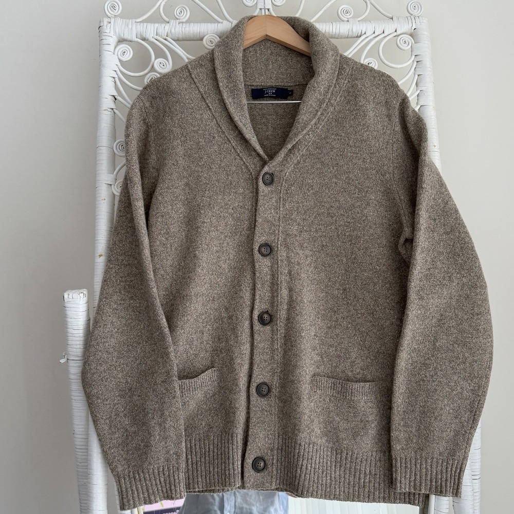 J Crew Shawl Collar Cardigan Sweater Mens Large Brown Lambswool Herringbone